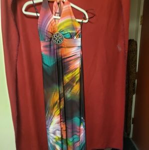 VINTAGE INTERSECTION MAXI HALTER DRESS W/ORNATE BLK ONYX JEWEL/4/EPLC